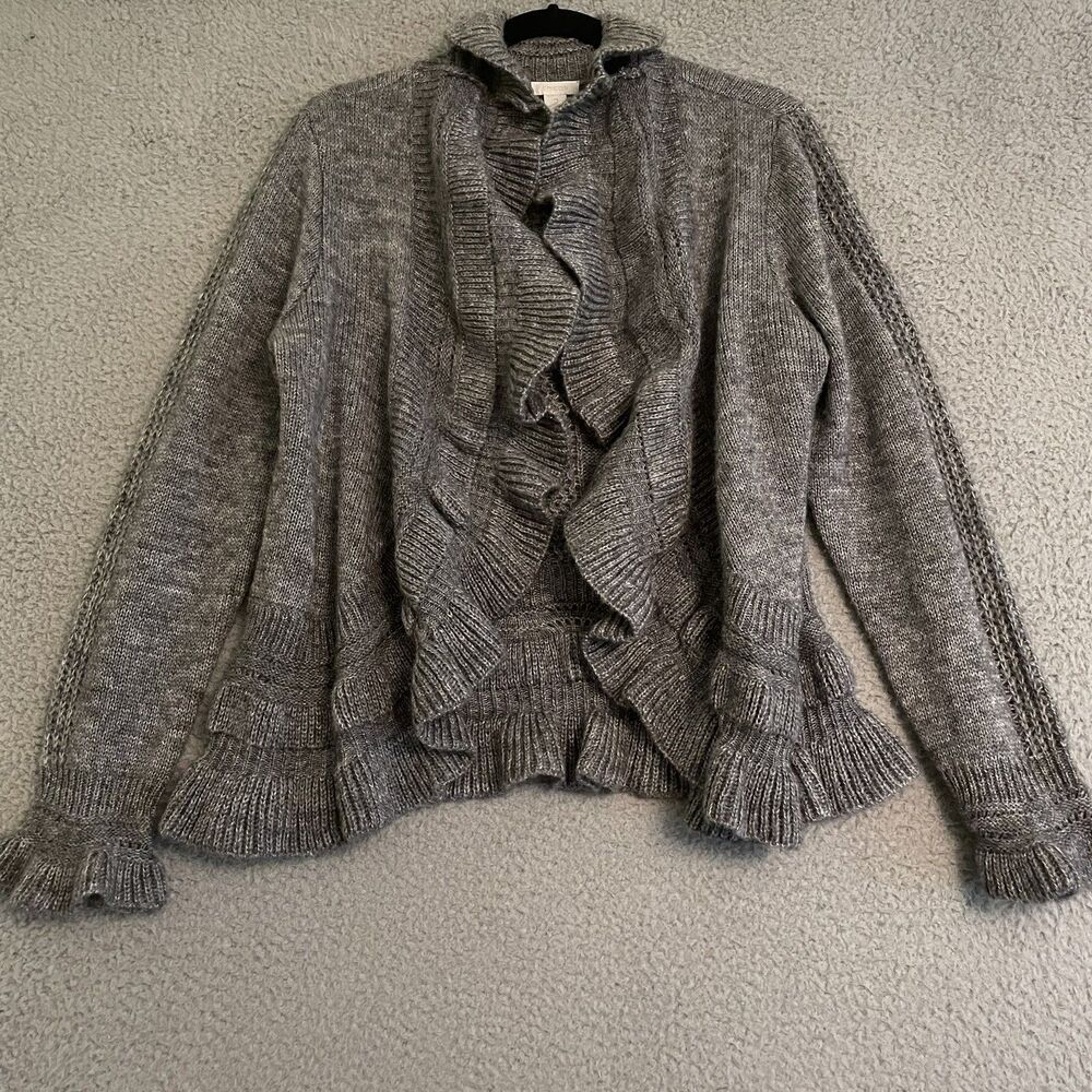 Chico's Open Cardigan 2 Ruffled Wool Mohair Cocoon Womens Large Gray Sweater